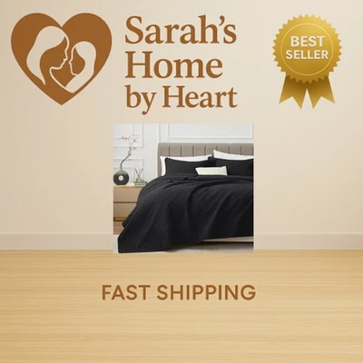 Quilt Set Full Queen Size Black 3 Piece,Lightweight Soft Coverlet Modern Styl... - Image 1 of 4