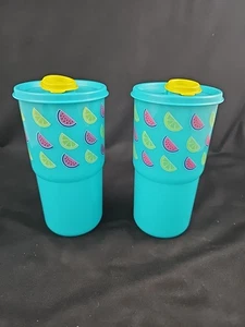 Tupperware Durstbeben Becher 2er Set 30oz Flip Top NEU Wassermelone Design - Bild 1 von 6