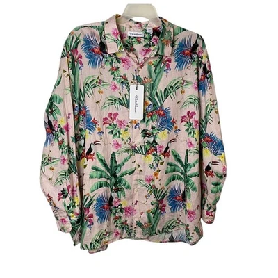 Camisa Hawaiana Caribeña Hombres XXL Tropical Tucán Floral 100% Lino Manga Larga Foto 1 de 4