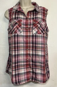 Eddie Bauer Medium Sleeveless Button Down Shirt Pink Plaid Collared Nylon Tank - Picture 1 of 6