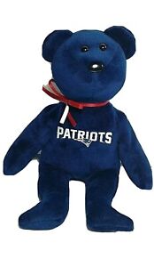 New England Patriots NFL Blue Bear w Red & Silver Bow Ty Beanie Baby 8" no tag