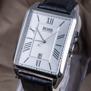 Reloj para hombre Hugo Boss vintage rectangular esfera plateada cuarzo correa de cuero - Imagen 1 de 9