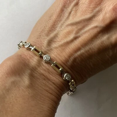 14 Gold Platinum Link Bracelet W/ 8 Round Bezel Set Diamond Stations 16g 6” - Image 1 of 4