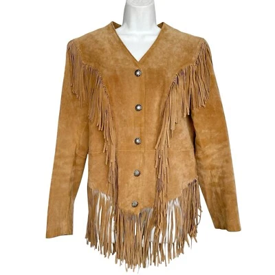 Cripple Creek Fringe Western Boho Cowgirl Suede Leather Jacket Size M Snap Fawn - Image 1 of 3
