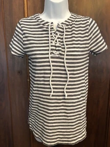 Womens Ann Taylor LOFT Striped Lace-Up Neck Blouse Sz XS Black White Shirt - Picture 1 of 5