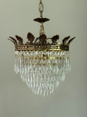 Antique Brass French PETITE Crystal Wedding Cake Chandelier CROWN Ceiling Light - Image 1 of 4