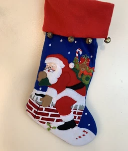 Christmas Stocking Santa Claus Going down Chimney 21" Felt Applique - Picture 1 of 4