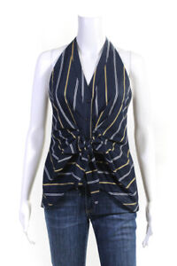 Drew Womens Button Fornt V Neck Striped Tie Front Shirt Blue White Cotton XS