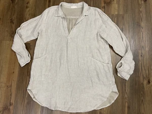 CP Shades Linen Tunic Top Striped Oxford Pockets Tan Large - Picture 1 of 13