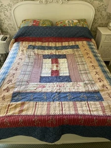 Edredón Pottery Barn Patchwork Azul Rojo Reversible Queen Denim Cambray Boho - Imagen 1 de 22