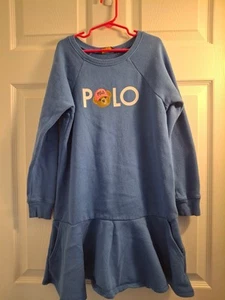 Preowned Ralph Lauren Polo Bear Girls Sweater Sweatshirt Dress Blue Sz M 8-10 - Picture 1 of 5