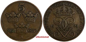 Sweden Gustaf V 1909 5 Öre Large cross on Crown SCARCE KM# 779.2 (18 548) - Picture 1 of 3