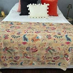 Indian Cotton Beige Kantha Quilt Queen Bedspread Throw Blanket Ralli Bed Cover