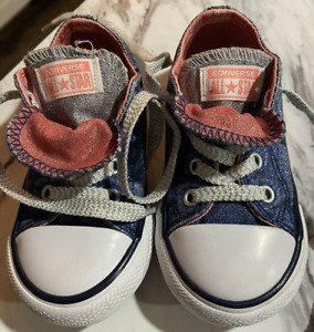 Converse Chuck Taylor All Star Baby Girl Sz 7 Blue Glitter Double Tongue Shoes