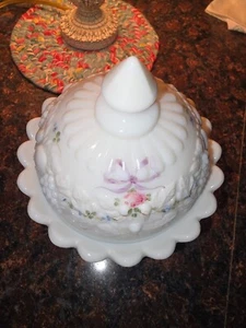 Westmoreland Milk Glass Hand Painted Floral and Grapes Pedestal Dish with Lid - Picture 1 of 7