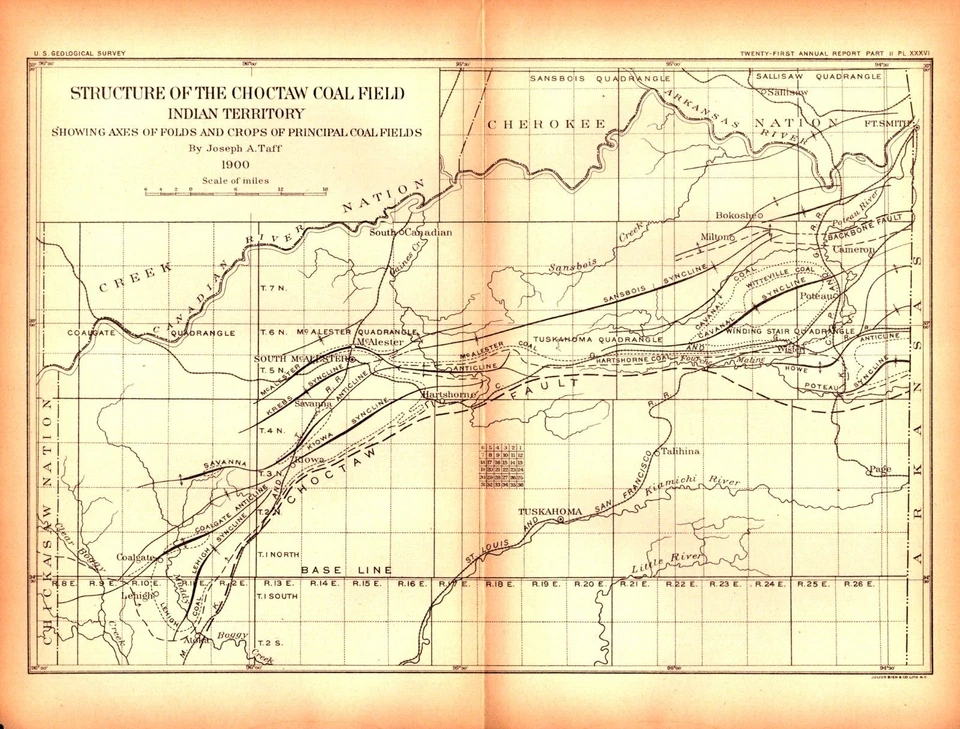 Antiguo mapa de campo de carbón Choctaw 1900 territorio indio-S.E. Oklahoma auténtico Foto 1 de 1