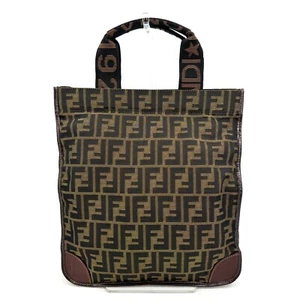 Fendi Zucca Tote Bag FF Brown Nylon Leather Button Authentic - Picture 1 of 18