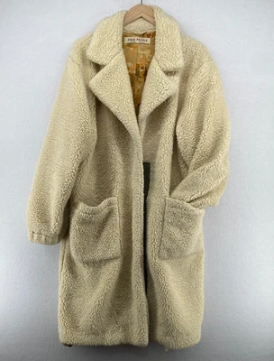 FREE PEOPLE Jacket S Tessa Teddy Faux Fur Fleece Longline Trench Coat Snap Beige - Image 1 of 4