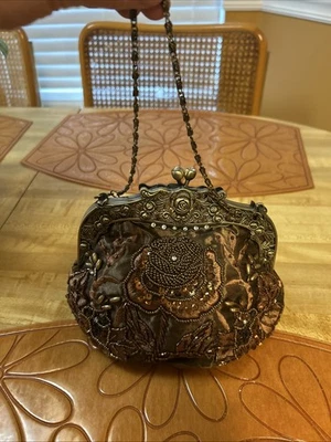 Vintage Style Bronze Beaded Rose Flower Ornate Evening Handbag Purse Brown - Image 1 of 4