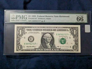 Pmg $1 1995 Federal Reserve Star Note Richmond 66 Graded Gem Uncirculated - Picture 1 of 2