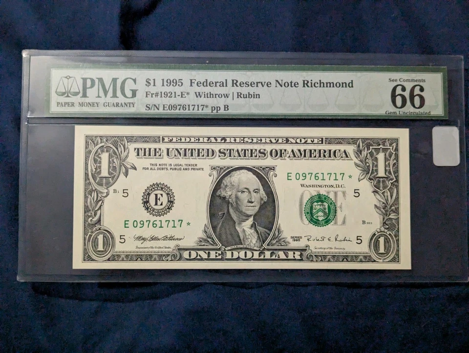 Pmg $1 1995 Federal Reserve Star Note Richmond 66 Graded Gem Uncirculated - Image 1 of 2