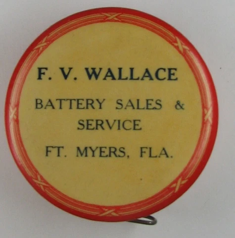 1930s Wallace Battery & Sales Service Celluloid Sewing Tape Measure FT Meyers FL Cover