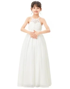 Halter Flower Girl Dress Lace Back Dress Junior Bridesmaid Dress Wedding Dresses - Picture 1 of 47