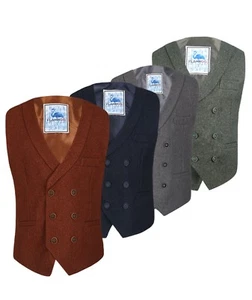 Mens Boys Double Breasted Herringbone Tweed Waistcoats Vests Tie Sets - Picture 1 of 31