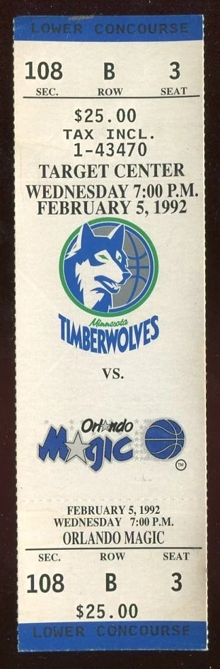 Ticket Basketball Minnesota Timberwolves 1991 - 92 2/5 Orlando Magic - Image 1 of 1