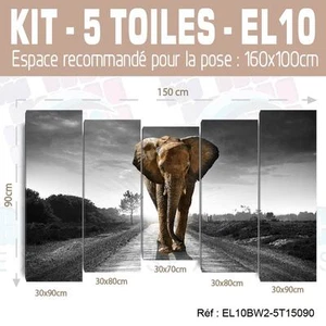 150x90cm- Kit 5 TOILES IMPRIMEE TABLEAU DECO - ELEPHANT EL10BW2-5T15090 - Foto 1 di 7