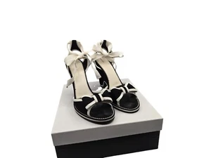 Marc Jacobs Wedge Sandals Black Bow Canvas White Trim Ankle Wrap Vogue 03 Size 9 - Picture 1 of 24
