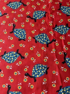 Vintage Marcus Brothers Textile Corps Red Turtle Flowers Fabric 52 X 44 1/2 Inch - Picture 1 of 6