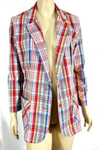 Vintage 70s Mod Hippy Cotton Blend Candy Plaid Red Button Blazer L XL - Picture 1 of 7