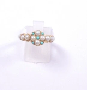 Victorian Style Ring 9 carat yellow gold size M Pearl Turquoise cluster - Picture 1 of 8