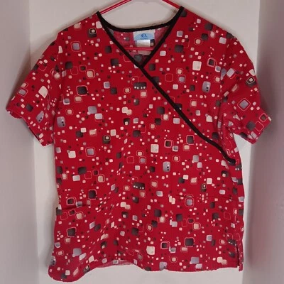 SB Scrubs Women's V-neck Scrub Top Red Square Print Size Medium - Image 1 of 4
