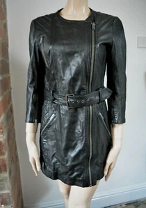 Impresionante suave negro cuero de cabra bodycon mini vestido abrigo chaqueta sin cuello motociclista - Imagen 1 de 12