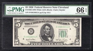 FR. 1961-DWi WIDE I 1950 $5 FEDERAL RESERVE NOTE CLEVELAND, OH PMG GEM UNC-66EPQ - Picture 1 of 2