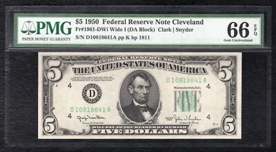FR. 1961-DWi WIDE I 1950 $5 FEDERAL RESERVE NOTE CLEVELAND, OH PMG GEM UNC-66EPQ - Image 1 of 2
