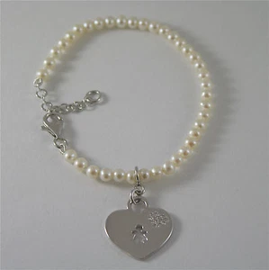 Silver Bracelet 925 Rhodium A String of Pearls Pendant Baby Girl with Zircons - Picture 1 of 1