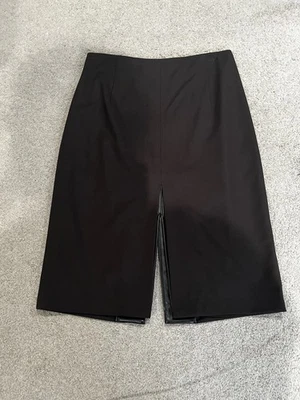 Saia Lápis Elie Tahari Marrom Escuro, DETALHES DE COURO E ZÍPER, Totalmente Forrada, Tamanho 8 - Imagem 1 de 4