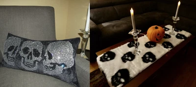 Magaschoni Pillow Crystal Skull Black Silver Halloween + Faux Fur Table Runner - Image 1 of 4