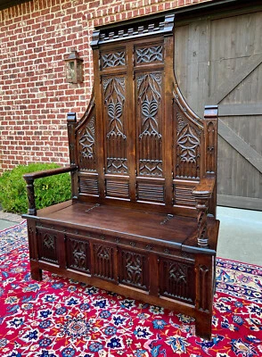 Antique French Bench Settee Gothic Oak Tracery Lift Top Seat Storage Trunk 19C - Image 1 of 4