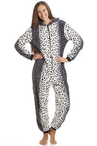 Camille Womens All In One - Warm, Cosy, Hooded One Piece | Grey Snow Leopard - Picture 1 of 6