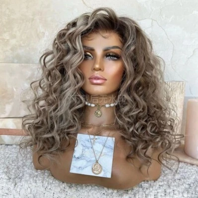 Peluca rubia resaltada marrón ceniza para mujer peluca cabello humano frontal de encaje rizado profundo Foto 1 de 4