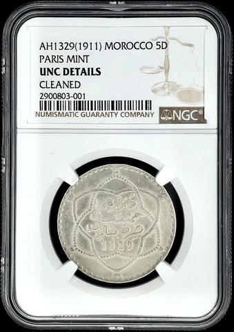 (1911) AH 1329 Morocco 5 Dirhams Paris Mint  NGC UNC Details Cleaned  KM Y#24 Cover