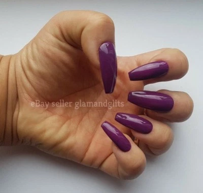 24 Hand Painted Gel Press On False Nails Cadbury Purple Coffin Stiletto Square