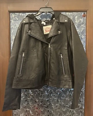 Jaqueta LEVIS preta vegana couro moto zíper capuz de lã feminina GG nova com etiquetas - Imagem 1 de 4