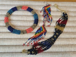 Handmade Rainbow Glass Seed Bead Jewelry Lot Pierced Earrings & 2 Bracelets - Picture 1 of 12