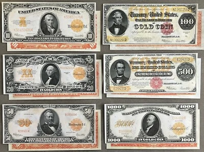 Reproduction Set 1922 Gold Certificates $10-$1000 USA Currency Copies See Below! - Image 1 of 4