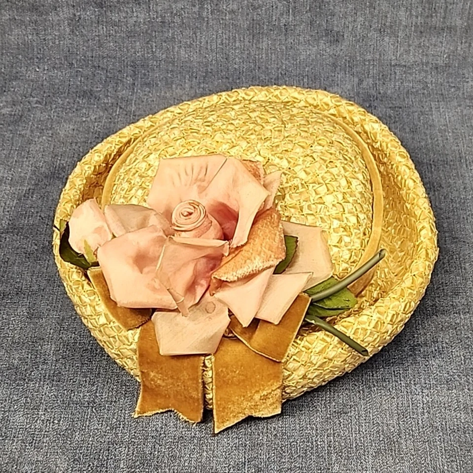 Sombrero de Paja Natural Lucila Méndez De Colección con Cinta de Terciopelo Rosa 50 Cottagecore  Foto 1 de 4